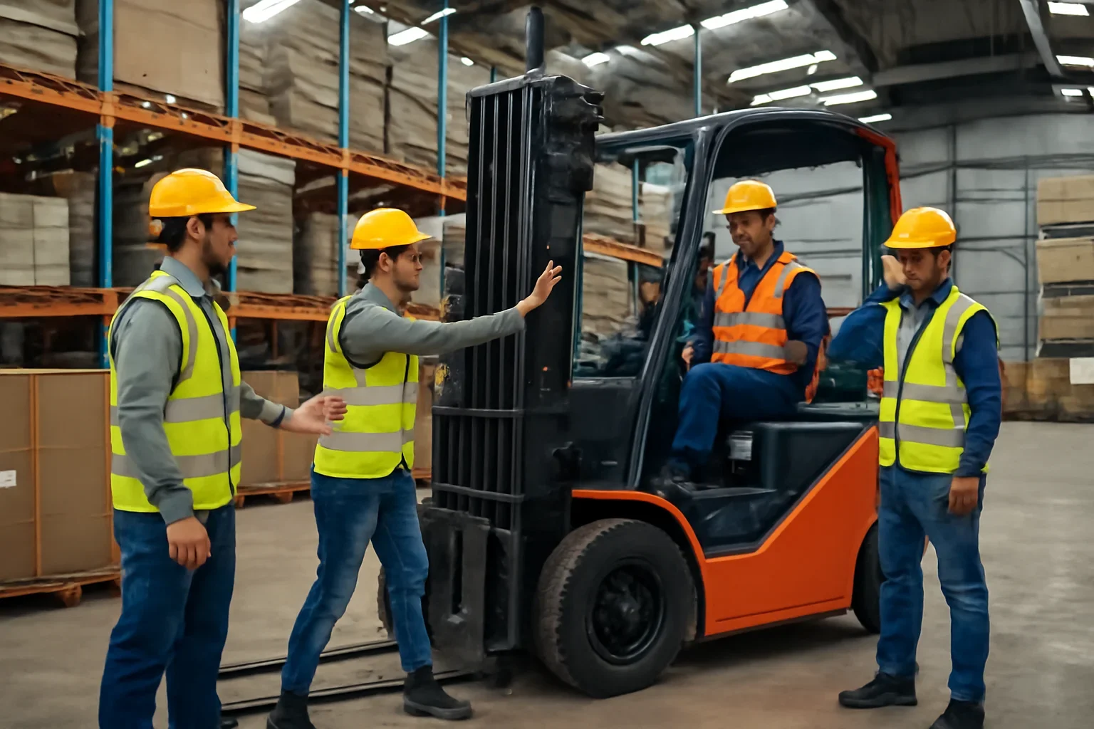 Adult workplace scene illustrating common forklift safety mistakes
