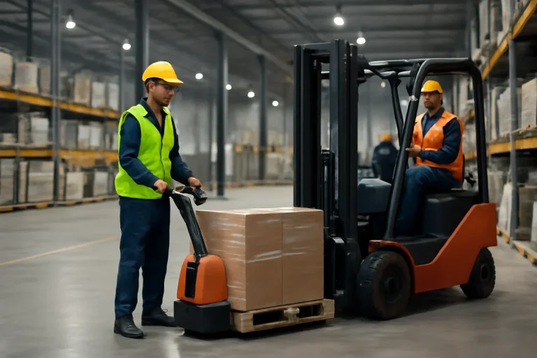 Adult workplace scene illustrating electric pallet jack training vs forklift training