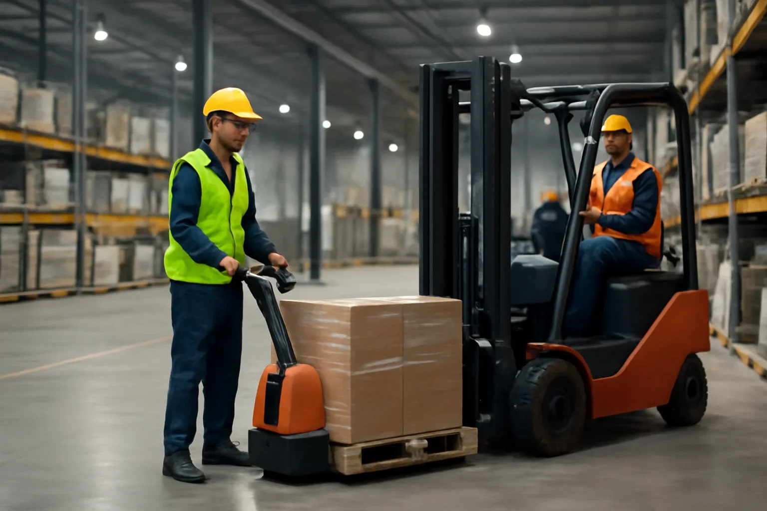 Adult workplace scene illustrating electric pallet jack training vs forklift training