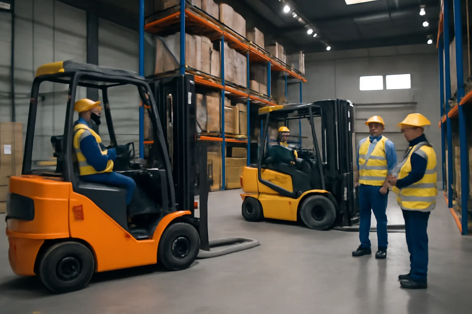 Adult workplace scene illustrating forklift classes 1–7 explained