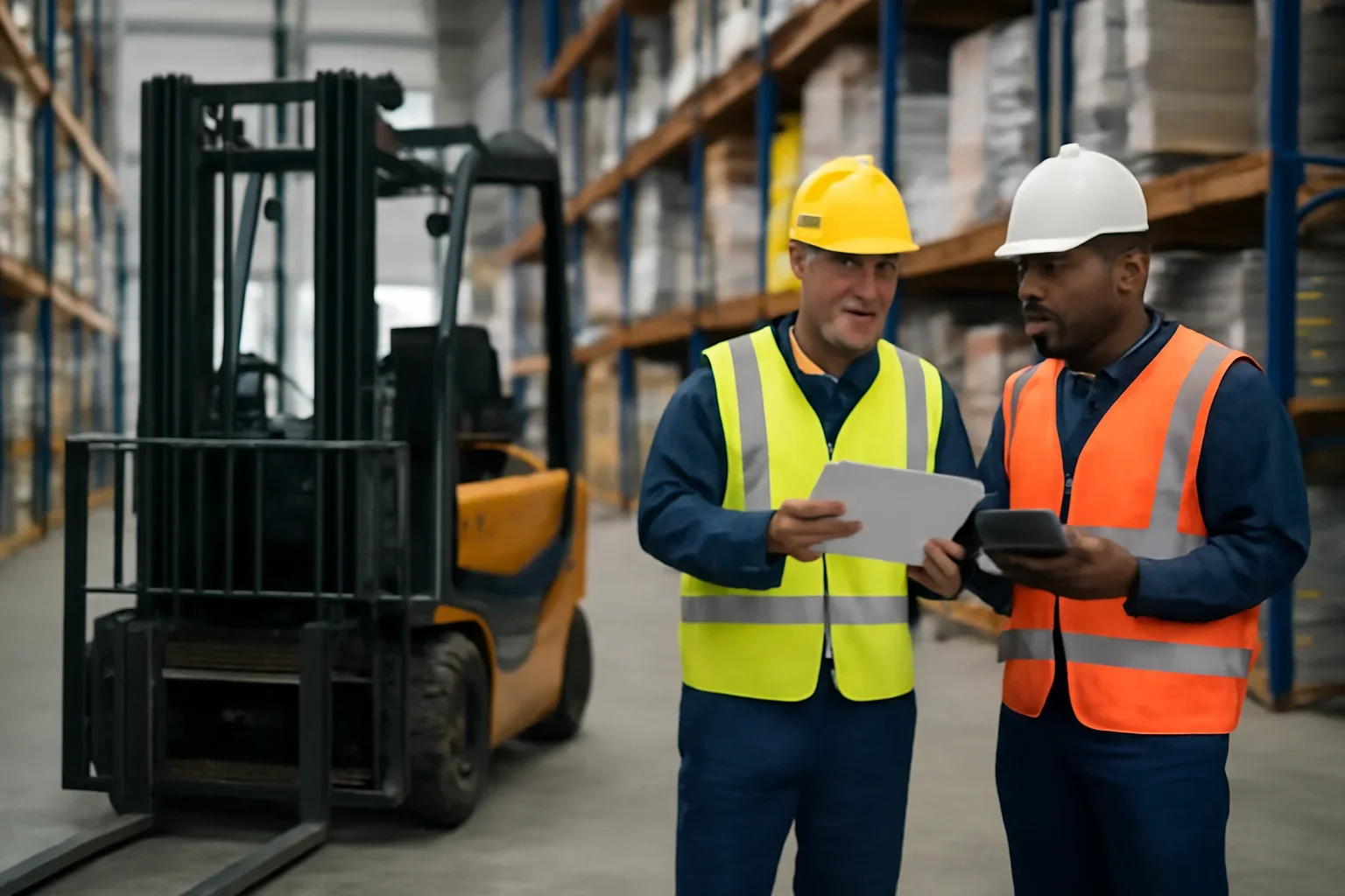 Adult workplace scene illustrating forklift license vs certification