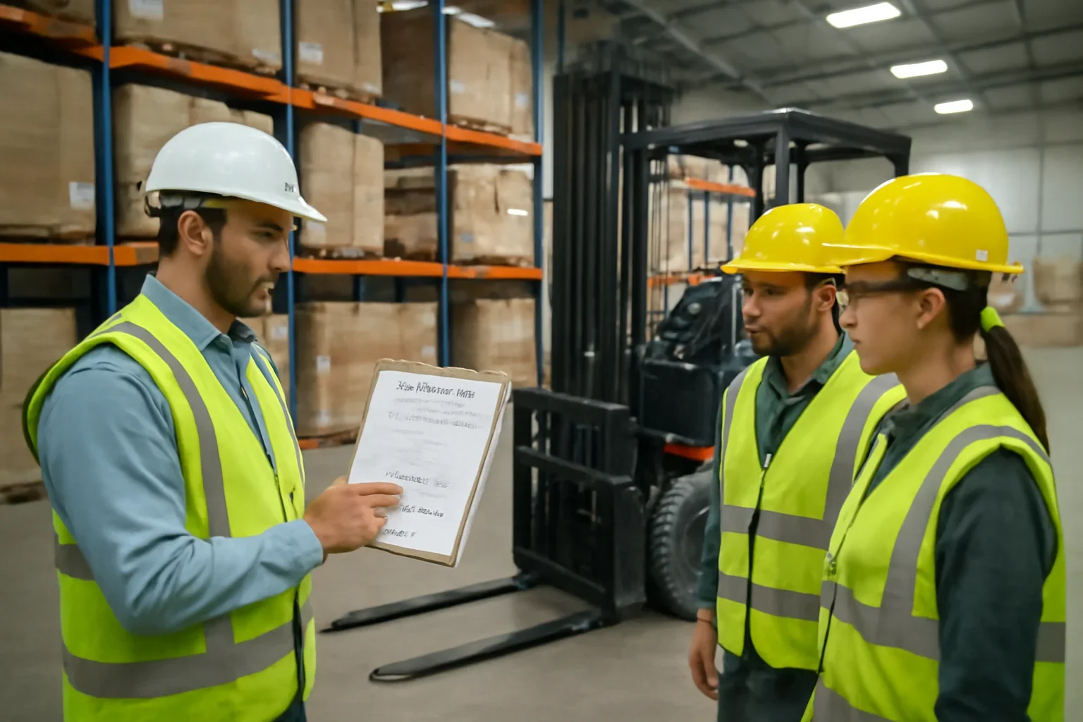 Adult workplace scene illustrating forklift practical evaluation form explained