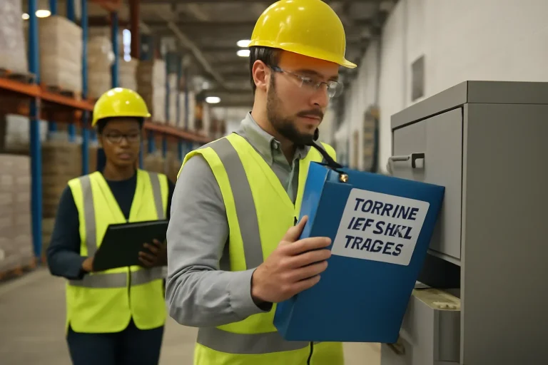 Adult workplace scene illustrating how employers should store forklift training records