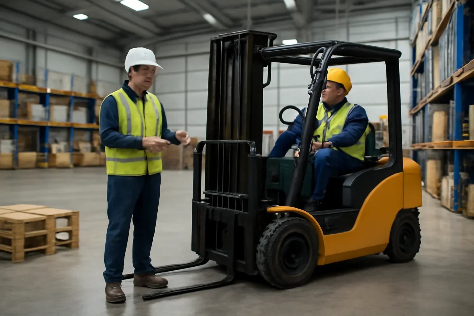 Adult workplace scene illustrating how long employer forklift training takes