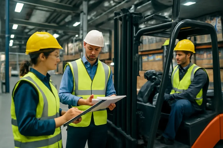 Adult workplace scene illustrating multi-location forklift training rollout checklist