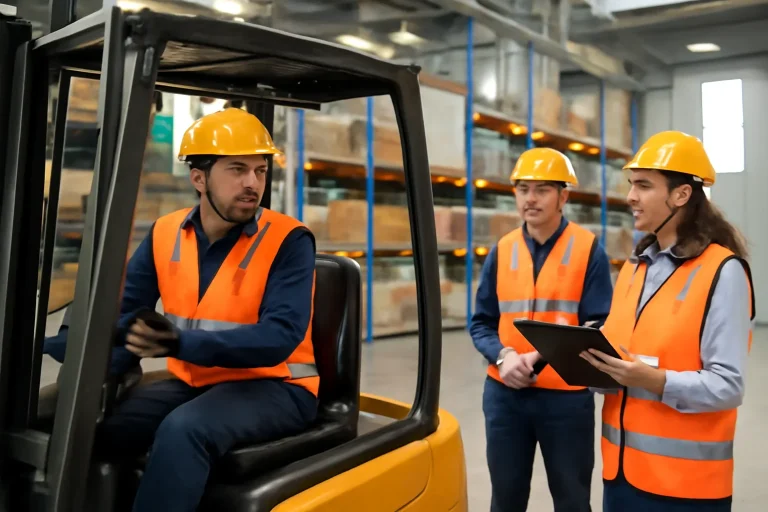 Adult workplace scene illustrating spanish forklift training requirements