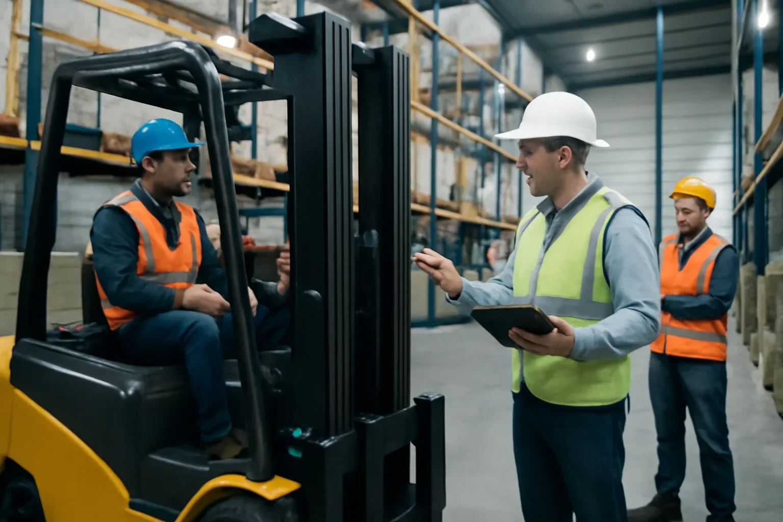 Adult workplace scene illustrating temporary worker forklift training requirements