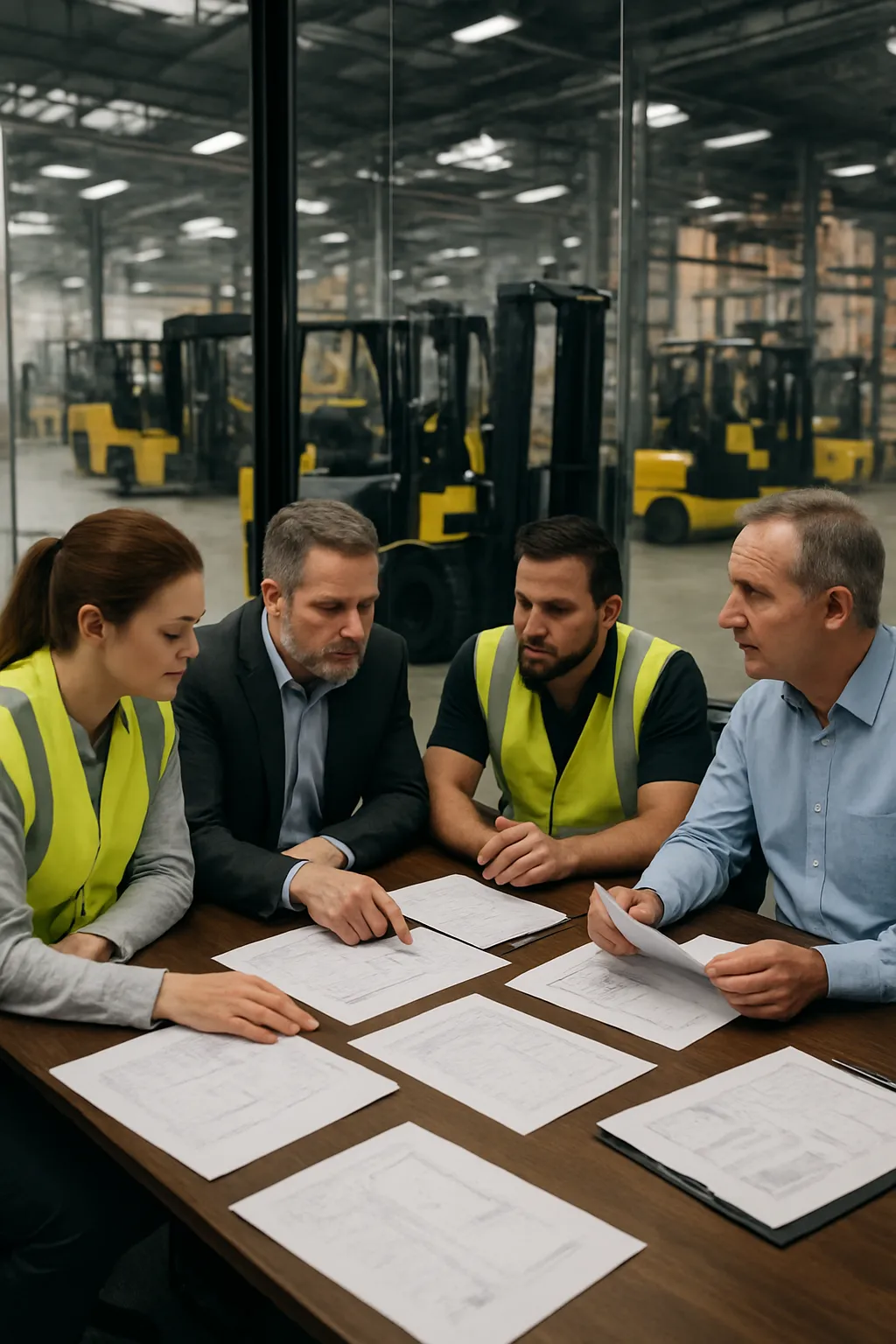 Safety managers reviewing cross-border forklift compliance procedures
