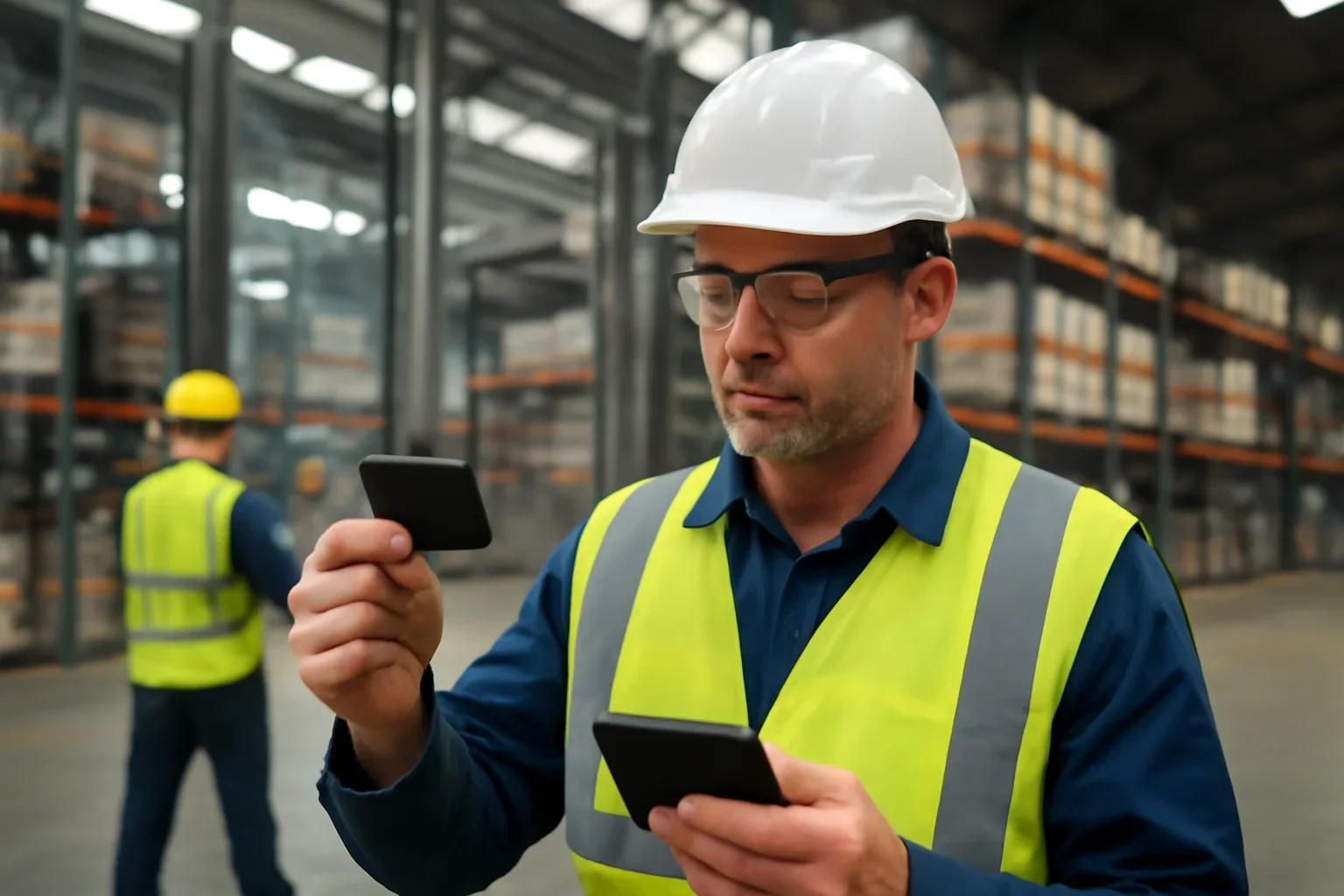 Adult workplace scene illustrating instant wallet card
