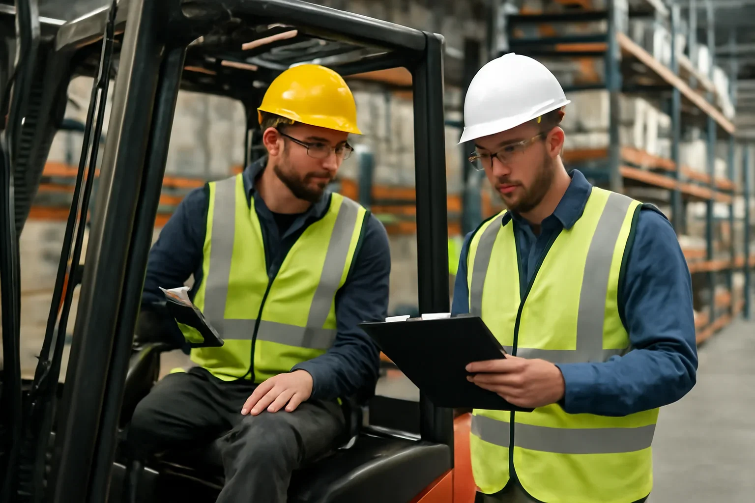 Adult workplace scene illustrating forklift training documentation