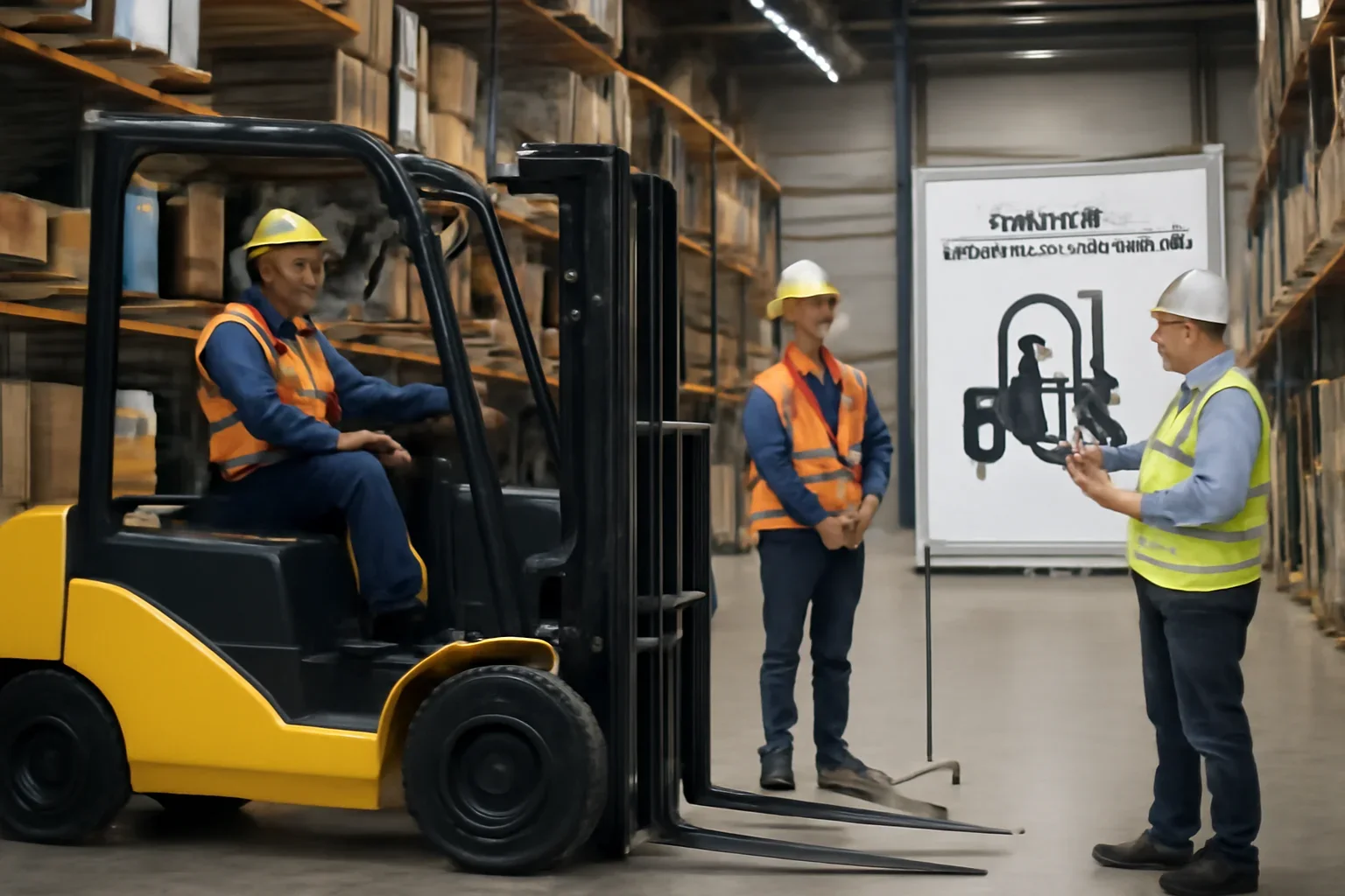 Adult workplace scene illustrating forklift compliance overview