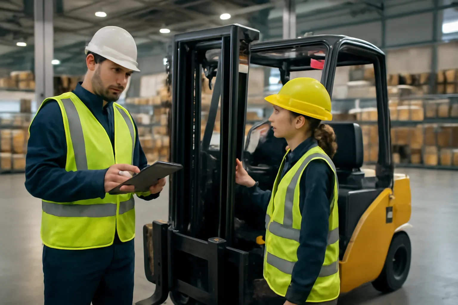 Adult workplace scene illustrating forklift inspection checklist