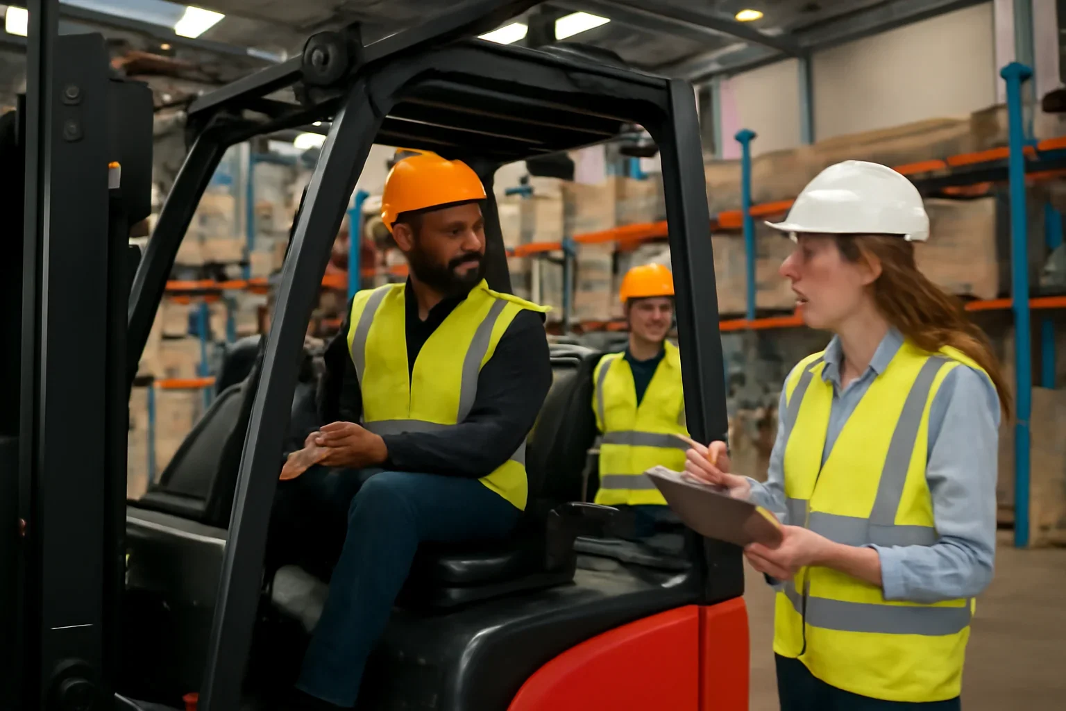 Adult workplace scene illustrating forklift license