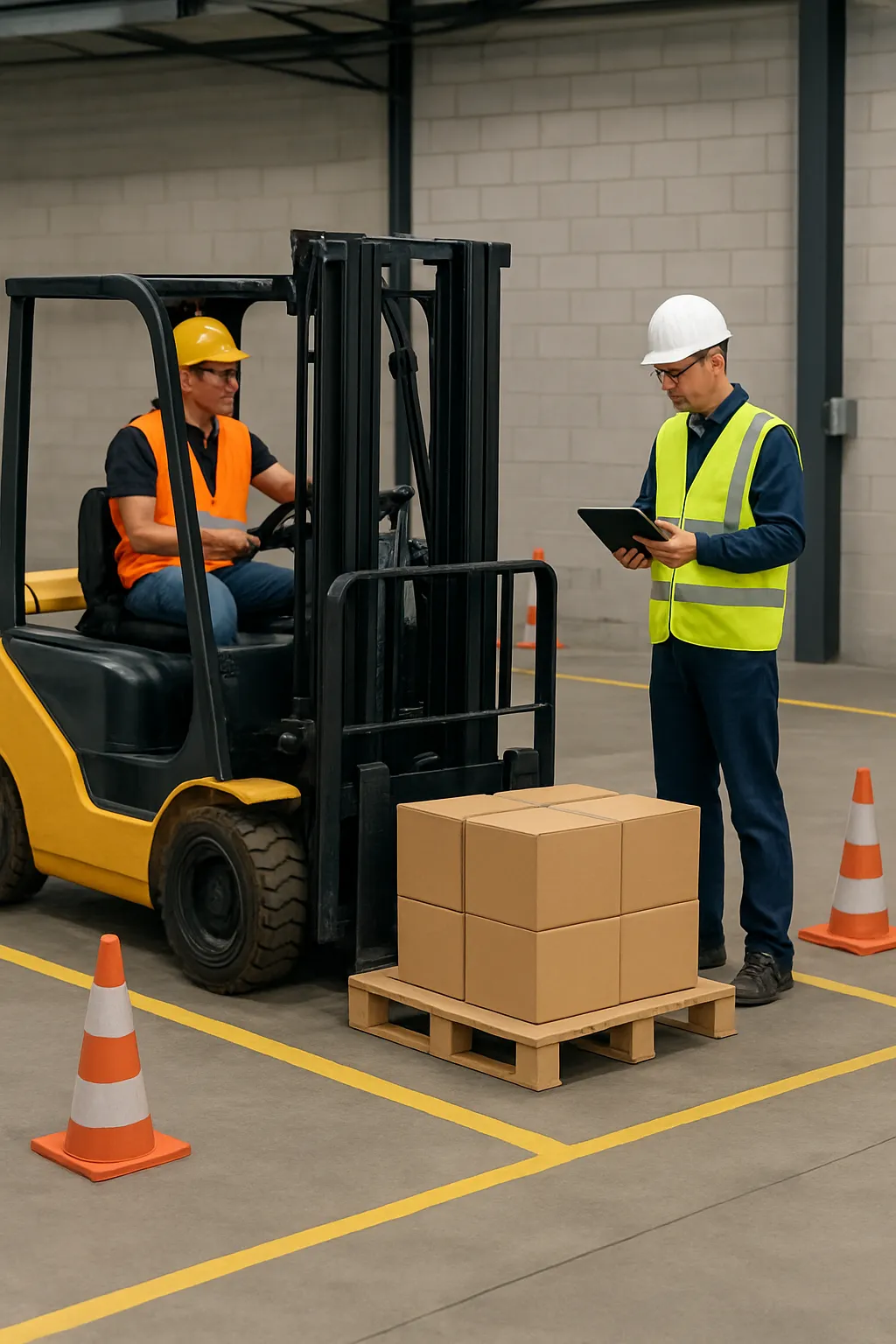 Evaluator observing a forklift operator during a practical skills assessment