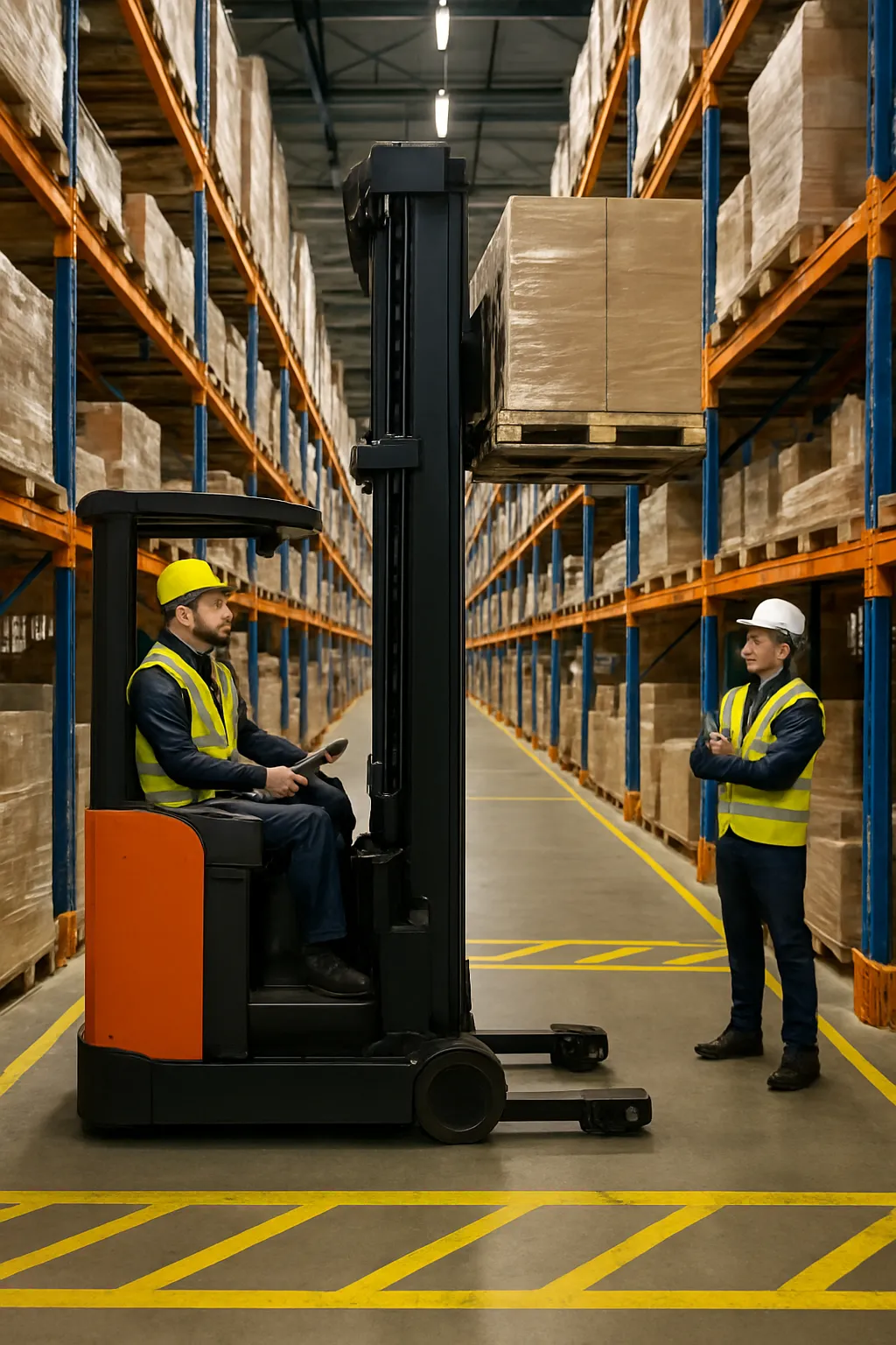 Reach truck operator training in a narrow aisle warehouse