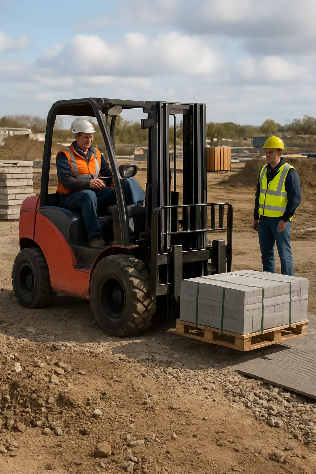 Rough terrain forklift operator training on an outdoor construction site