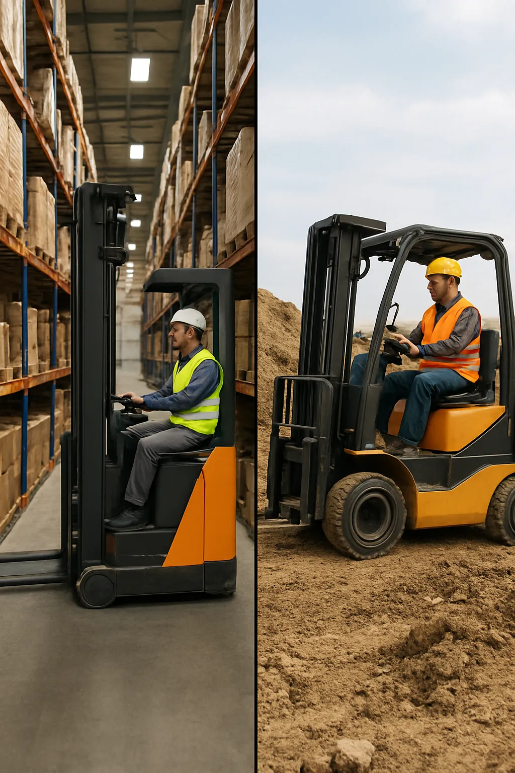 Reach truck and rough terrain forklift used in different workplace environments